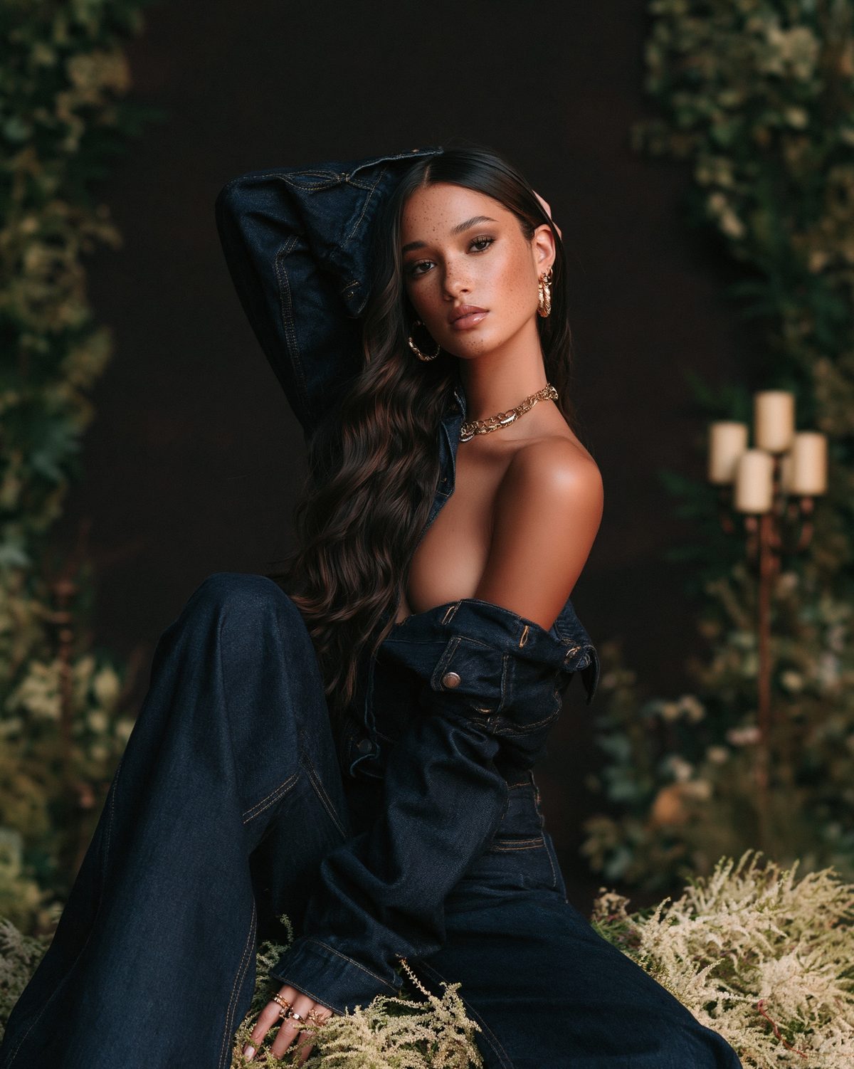 Behind the Scenes + Concept:
"Denim Diva came from a simple question: What if we treated denim with the same reverence we give to haute couture? The answer is this. We built an entire set around texture and atmosphere—dark, moody backgrounds to let the subject pop, natural greenery for organic movement, and candlelight to create that warm, intimate glow. The styling was intentional: oversized deni